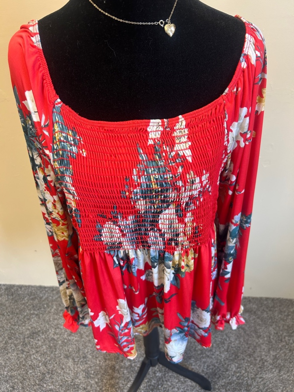 white birch Red Floral Smocked Peasant Blouse